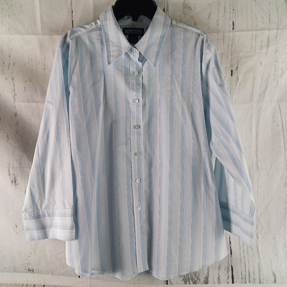 Lands'End Button Up Women Size 16R Cotton Blend Multicolor Striped Blouse Shirt